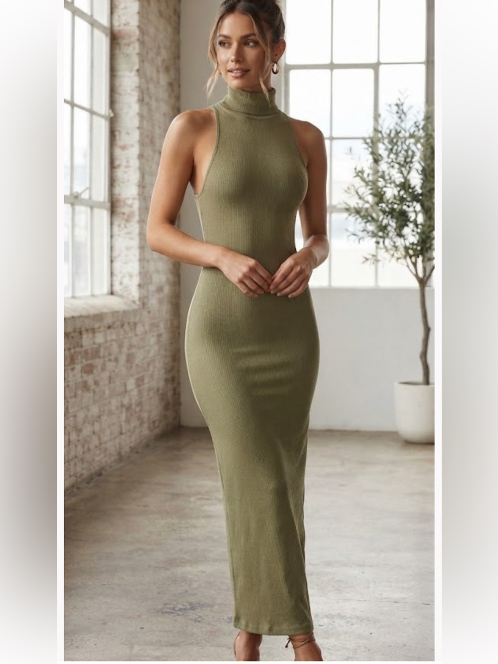 Meshki Olive Green Sleeveless Turtleneck Maxi Dress
